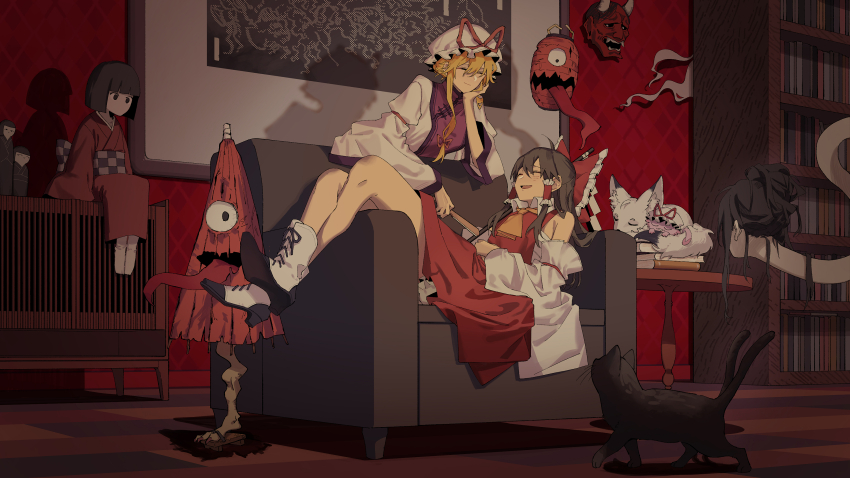 2girls, absurdres, arm_support, armchair, ascot, black_cat, blonde_hair, book, book_stack, bookshelf, boots, bow, brown_hair, cat, chair, chouchin-obake, closed_eyes, closed_mouth, couch, crossed_ankles, detached_sleeves, doll, dress, folded_fan, folding_fan, fox, frilled_bow, frilled_hair_tubes, frills, full_body, gohei, hair_bow, hair_tubes, hakurei_reimu, hakurei_reimu_(fox), hand_fan, hat, hat_ribbon, highres, holding, holding_fan, indoors, karakasa_obake, long_hair, lying, mask, mob_cap, multiple_girls, multiple_tails, on_couch, oni_mask, open_mouth, orange_ascot, painting_(object), purple_tabard, red_bow, red_dress, red_ribbon, ribbon, rokurokubi, smile, tabard, tail, touhou, traditional_youkai, two_tails, umbrella, white_dress, white_footwear, white_headwear, white_sleeves, wide_sleeves, yakumo_yukari, yakumo_yukari_(axolotl), zy_(zyyyyyyy9)
