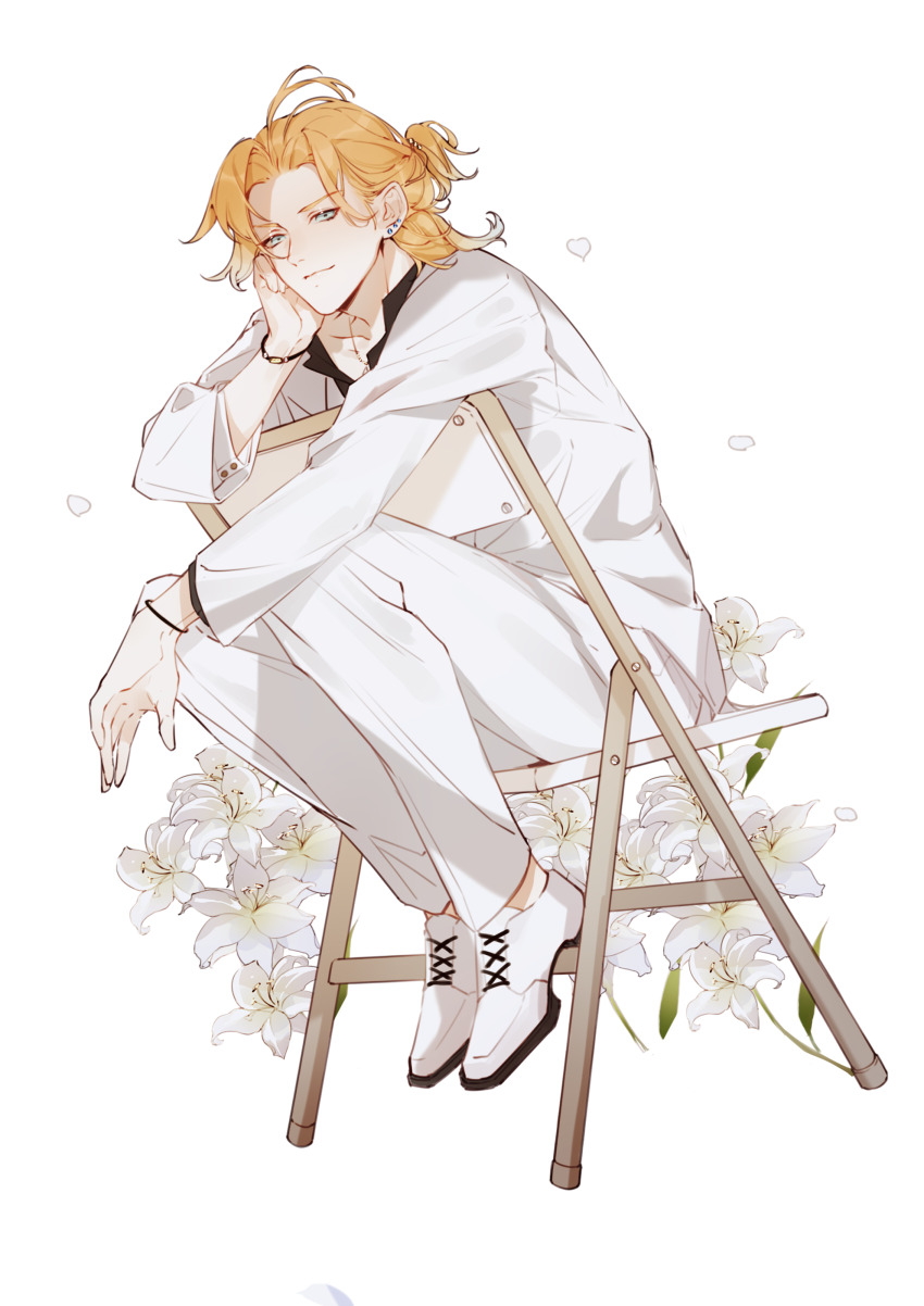 1boy, absurdres, aqua_eyes, black_shirt, blonde_hair, bracelet, chair, closed_mouth, collared_shirt, cuff_links, curtained_hair, earrings, elbow_rest, falling_petals, flower, folding_chair, formal_clothes, full_body, half_updo, head_rest, highres, jacket, jewelry, knees_up, lars_rorschach, lily_(flower), long_sleeves, looking_at_viewer, lovebrush_chronicles, male_focus, nieorst, open_collar, oxfords, pants, parted_bangs, petals, shirt, short_hair, sitting, sitting_backwards, smile, solo, stud_earrings, suit, transparent_background, white_flower, white_footwear, white_jacket, white_lily, white_pants, white_suit