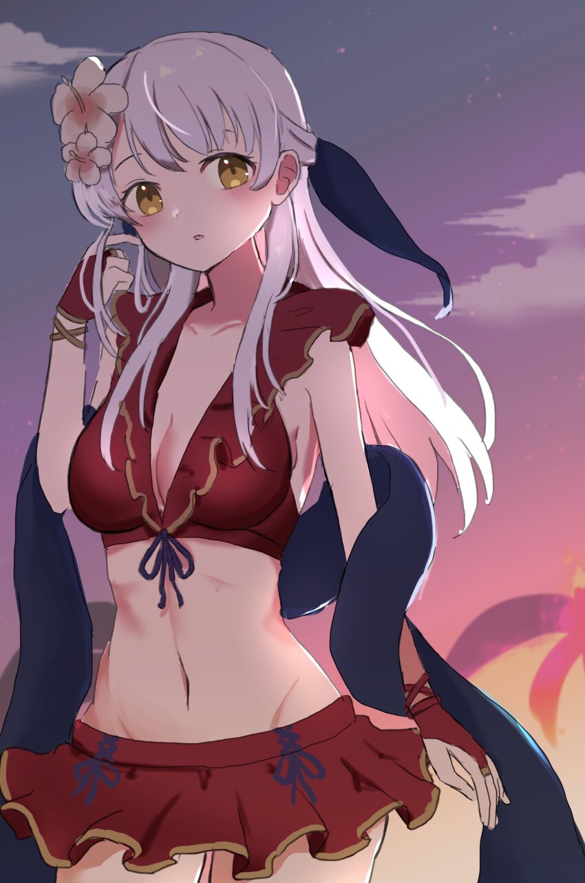 1girl, absurdres, bare_shoulders, bikini, bikini_skirt, breasts, cleavage, cloud, collarbone, commentary, fingerless_gloves, fire_emblem, fire_emblem:_radiant_dawn, fire_emblem_heroes, flower, gloves, grey_hair, groin, hair_flower, hair_ornament, hair_ribbon, half_updo, highres, inuinui29, long_hair, looking_at_viewer, medium_breasts, micaiah_(fire_emblem), micaiah_(wavecrest_maiden)_(fire_emblem), navel, nintendo, official_alternate_costume, red_bikini, red_gloves, ribbon, solo, sunlight, swimsuit, towel, twilight, yellow_eyes