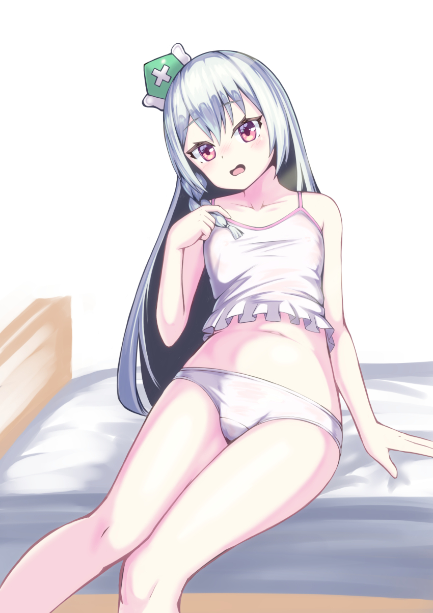 1girl, arm_at_side, bed, blush, braid, breasts, camisole, collarbone, dorai, dot_nose, embarrassed, feet_out_of_frame, female_focus, frilled_camisole, frills, futoku_no_guild, green_hat, hand_up, hat, highres, leaning_back, loli, long_hair, looking_at_viewer, maidena_angers, navel, nose_blush, on_bed, open_mouth, panties, red_eyes, simple_background, single_braid, sitting, small_breasts, solo, underwear, underwear_only, white_background, white_camisole, white_hair, white_panties