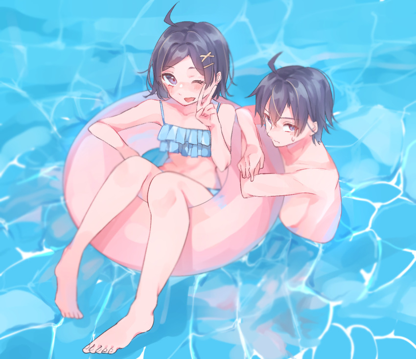 1boy, 1girl, :d, ahoge, bikini, black_eyes, black_hair, brother_and_sister