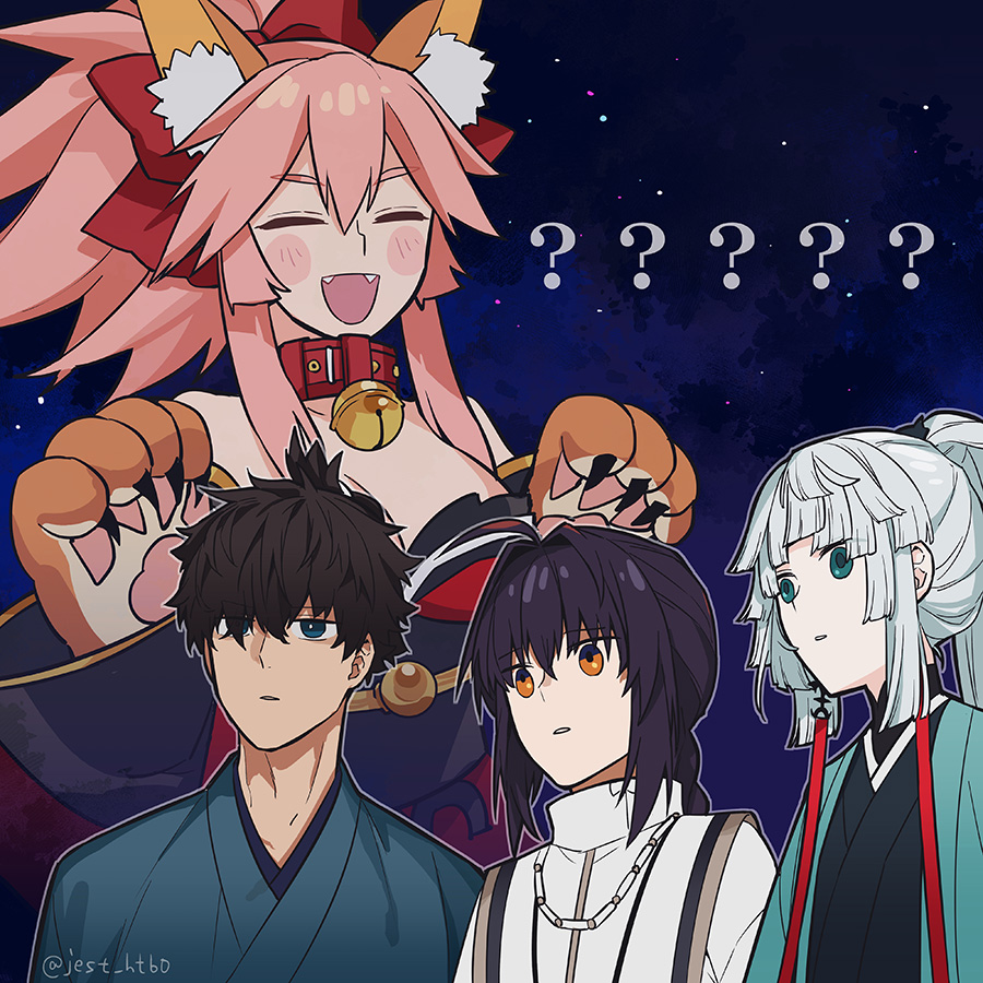 1boy, 1other, 2girls, ?, ??, ahoge, androgynous, animal_ears