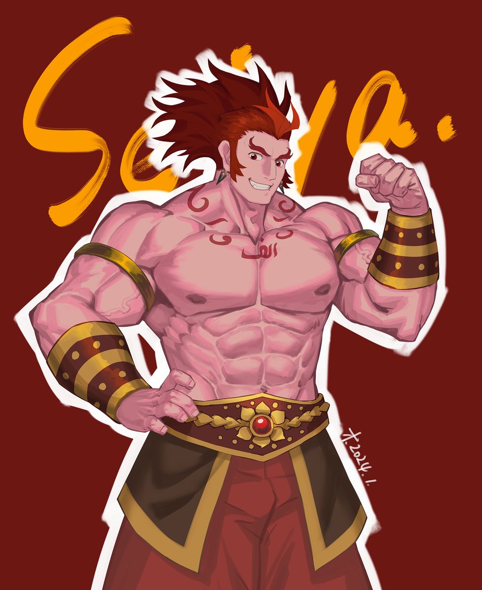 1boy, bara, bucchigiri, flexing, highres, long_hair, long_sideburns, looking_at_viewer