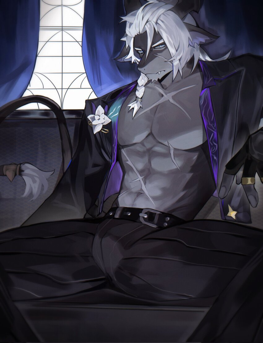 1boy, abs, alchemy_stars, animal_ears, axianorange, bara, bare_pectorals, black_pants