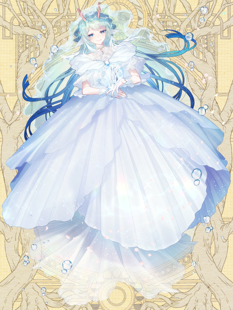 1boy, air_bubble, blue_eyes, blue_gem, blue_hair, blue_nails, bridal_veil, bubble, coral, crossdressing, crossdressing_(mtf), dairoku_ryouhei, double-parted_bangs, dress, feather_hair, fins, full_body, gem, glass_slipper, gown, halter_dress, halterneck, head_fins, horns, jewelry, lilu_luli, long_hair, looking_at_object, male_focus, mermaid, merman, monster_boy, monster_girl, nail_polish, necklace, object_floating_above_hand, off-shoulder_dress, off_shoulder, open_hand, shizuya_(szy_tw), shoes, short_sleeves, smile, solo, trap, unworn_shoes, veil, wedding_dress, white_dress, white_veil, wrist_cuffs, yellow_background