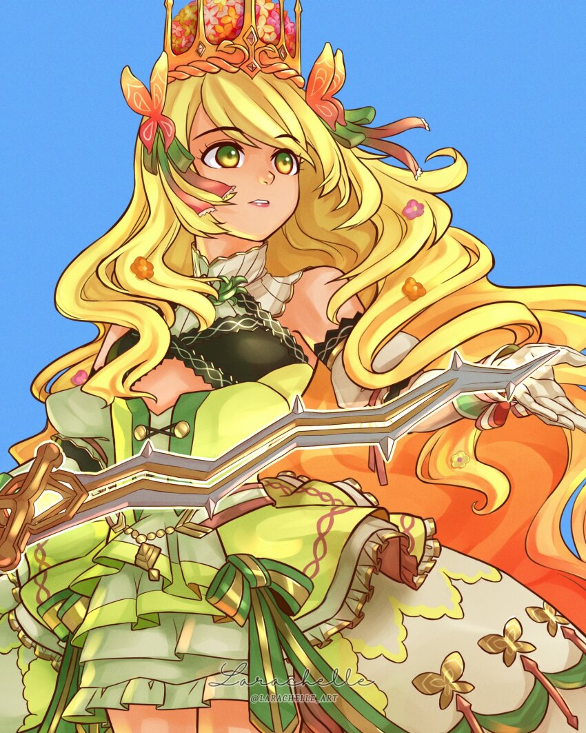 1girl, bow, butterfly_hair_ornament, celine_(fire_emblem), cross-laced_clothes, cross-laced_dress, crown, dress