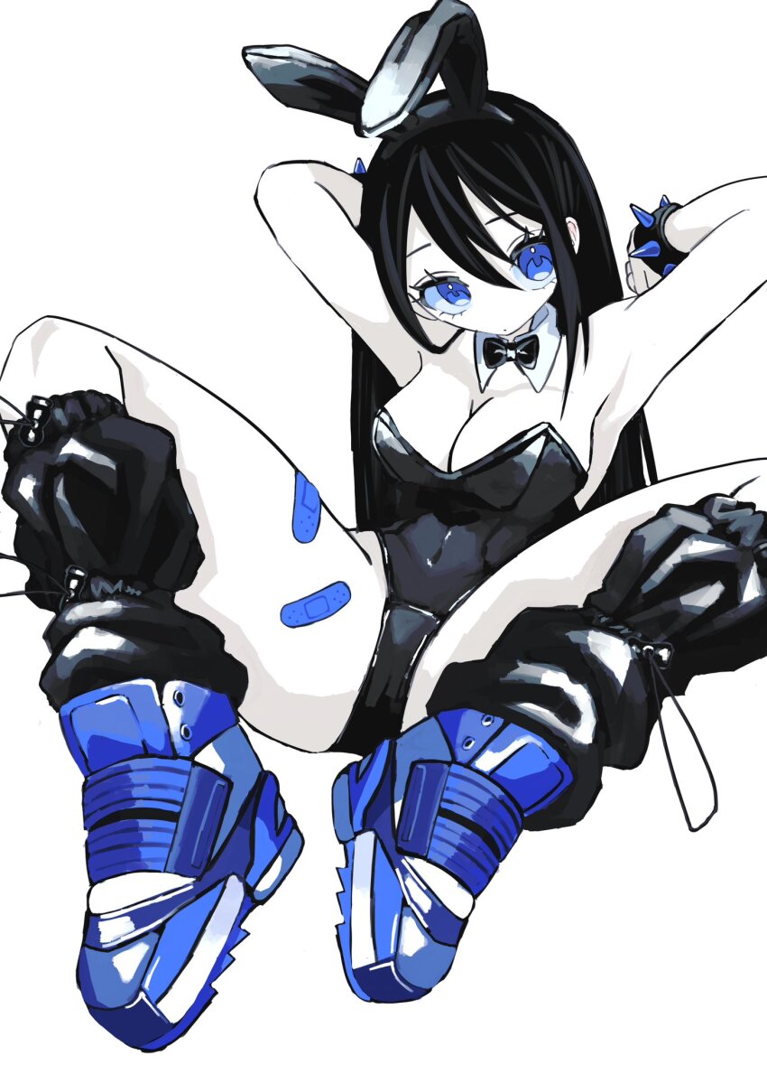 1girl, animal_ear_hairband, animal_ears, arms_behind_head, arms_up, bandaid, bandaid_on_leg, black_bow