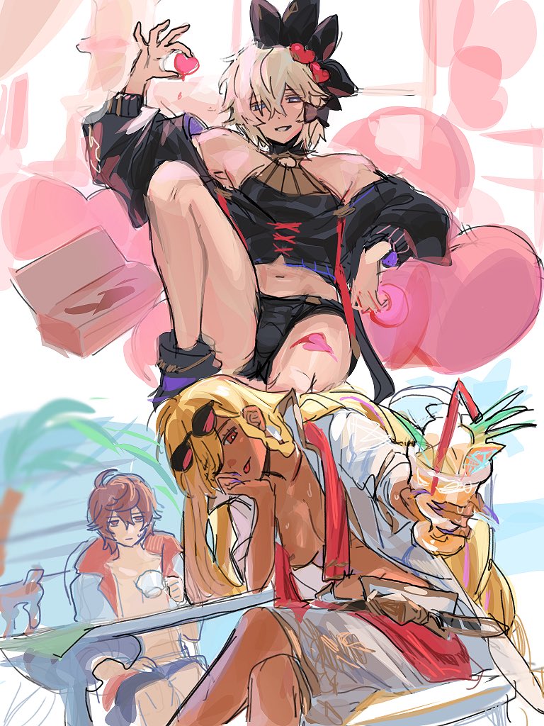 1girl, 2boys, arm_up, bishounen, black_ribbon, blue_eyes, braid, breasts, brown_hair, bulge, commentary, cosplay, costume_switch, crossdressing, crossed_legs, cup, dark_skin, english_commentary, eyewear_on_head, flat_color, granblue_fantasy, hair_between_eyes, hair_ornament, hair_over_one_eye, heart, heart_hair_ornament, helel_ben_shalem, helel_ben_shalem_(coco-coated_dreams)_(granblue_fantasy), holding, holding_cup, holding_heart, jacket, jacket_on_shoulders, knee_up, long_braid, long_hair, long_sleeves, looking_at_viewer, lucio_(granblue_fantasy), lucio_(summer)_(granblue_fantasy), medium_breasts, messy_hair, multiple_boys, nipples, official_alternate_costume, one_eye_closed, open_clothes, open_jacket, pillow, pose_imitation, puffy_long_sleeves, puffy_sleeves, purple_nails, red_eyes, ribbon, sandalphon_(granblue_fantasy), sandalphon_(summer)_(granblue_fantasy), shirt, short_hair, shorts, single_braid, sitting, sketch, sleeveless, sleeveless_shirt, sleeves_rolled_up, summer, sweatdrop, tomboy, tongue, tongue_out, topless_male, valentine, wahoosandalphon, white_hair, white_jacket