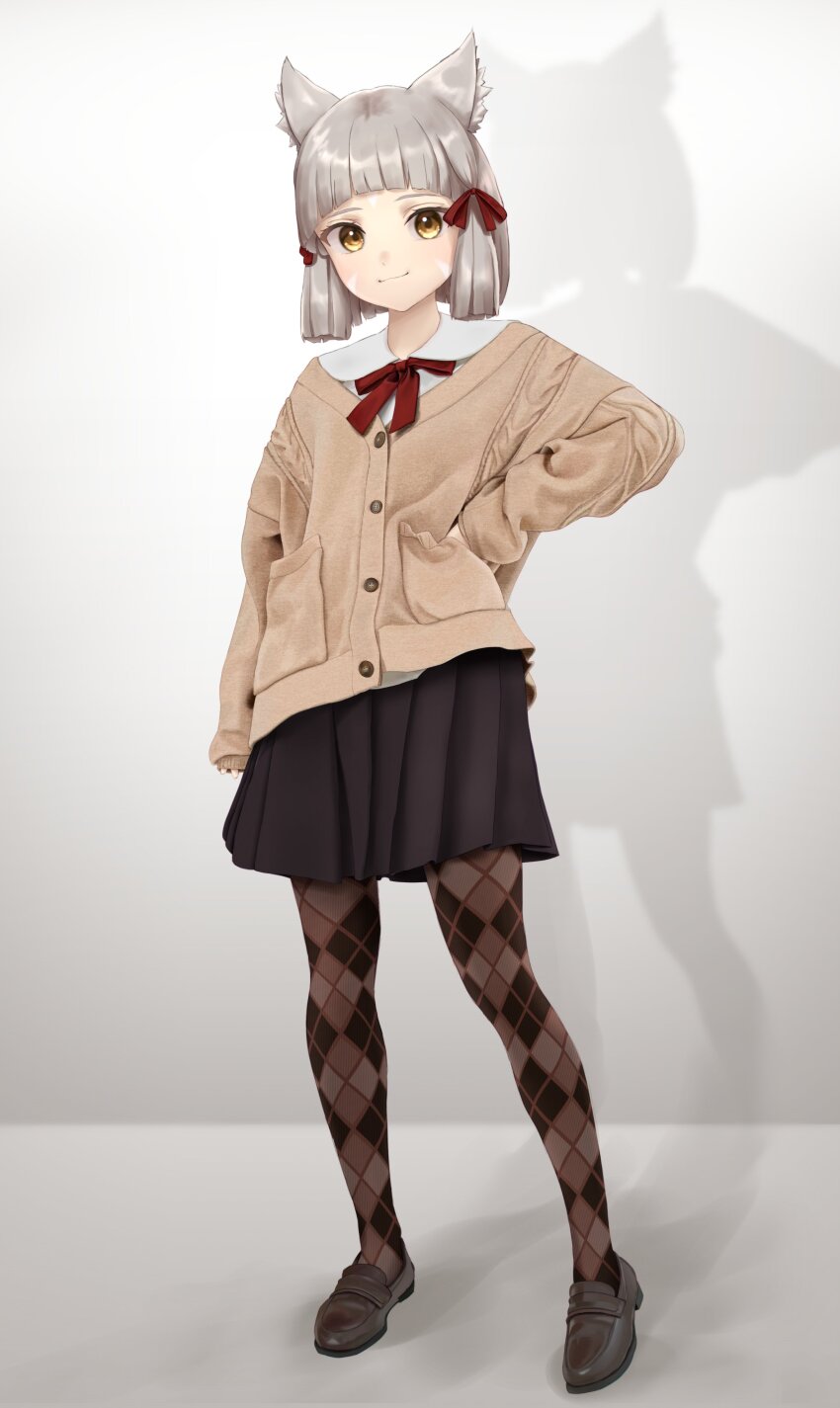 1girl, absurdres, animal_ear_fluff, animal_ears, argyle_clothes, argyle_pantyhose, black_shoes, black_skirt