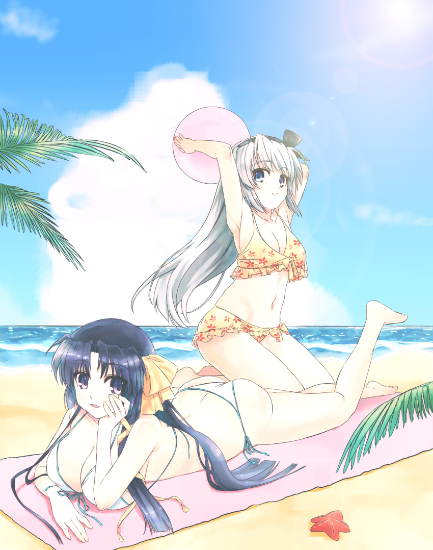 2girls, alternate_costume, arms_up, ass, back, ball, barefoot, beach
