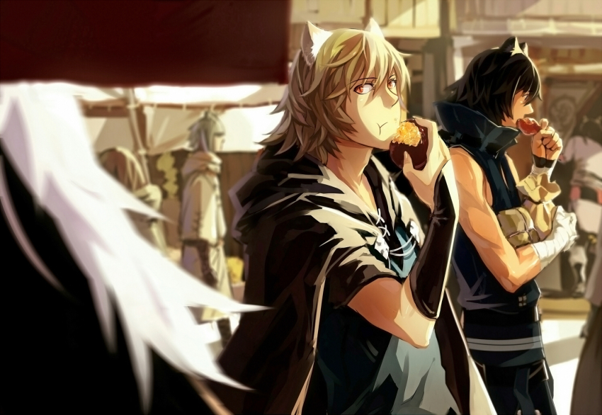 3boys, animal_ears, asato_(lamento), bandaged_arm, bandages, black_hair, carrying_bag, cat_boy