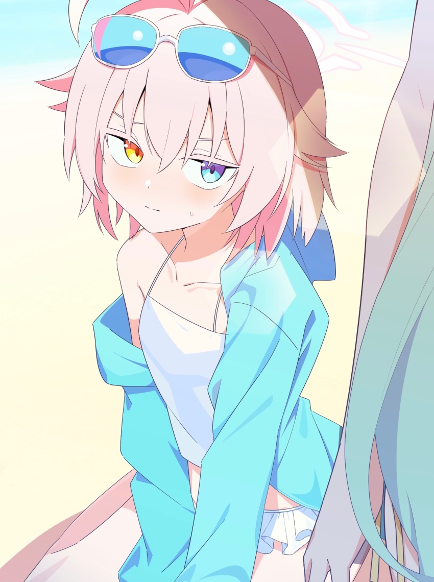 2girls, ahoge, asagisui, bikini, bikini_skirt, blue-tinted_eyewear, blue_archive, blue_eyes