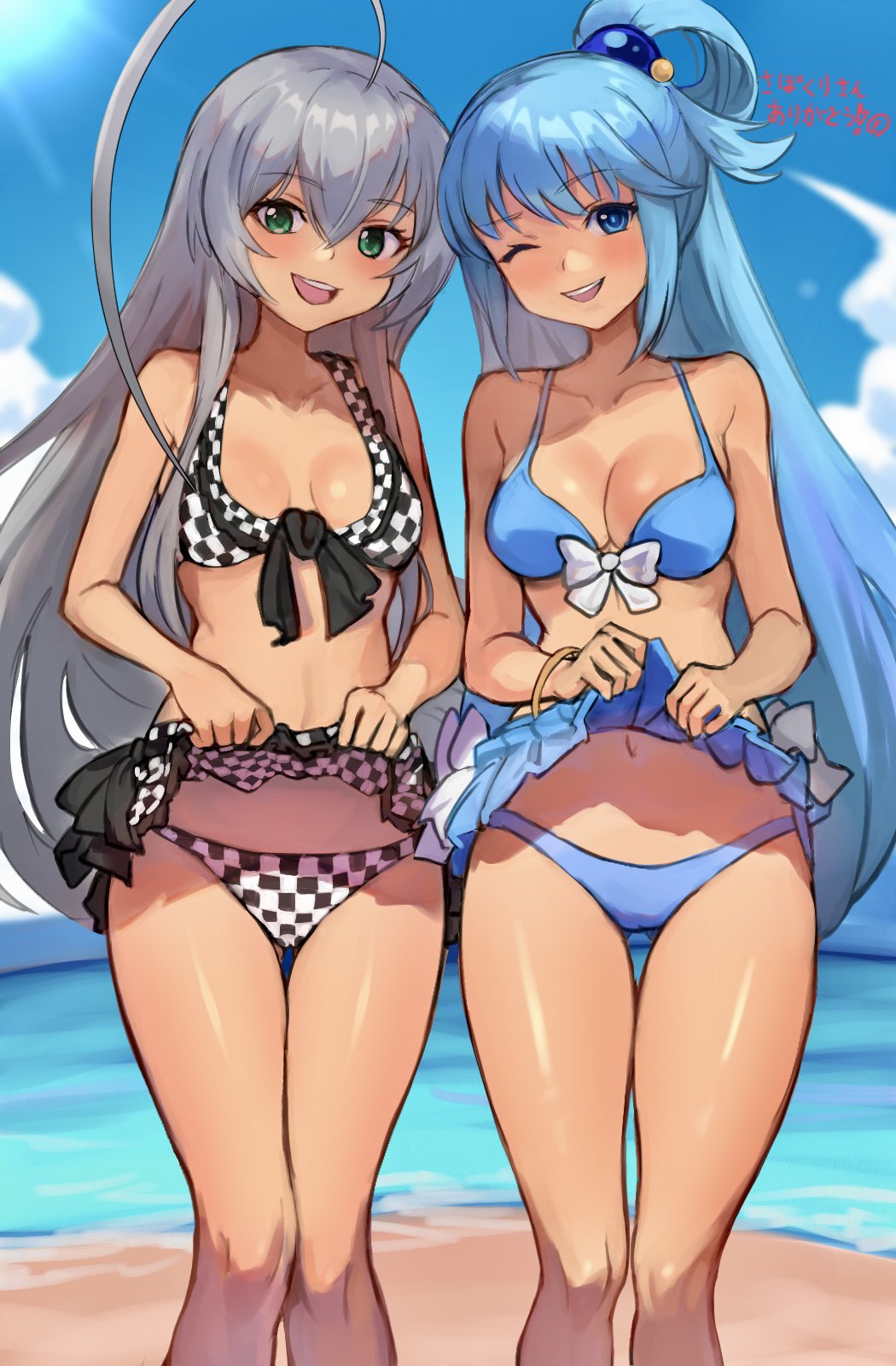 2girls, ;d, ahoge, aqua_(konosuba), bangle, bare_arms, bare_shoulders, bikini
