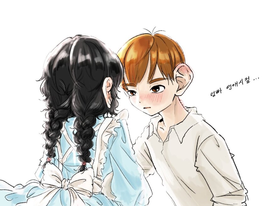 1boy, 1girl, back_bow, black_hair, blue_dress, blush, bow, braid, brown_eyes, chilchuck's_wife, chilchuck_tims, collared_shirt, couple, dress, dungeon_meshi, ear_blush, facing_another, halfling, hetero, husband_and_wife, korean_commentary, korean_text, large_ears, long_hair, looking_at_another, neck_blush, orange_hair, shirt, short_hair, simple_background, twin_braids, twintails, upper_body, white_background, white_bow, white_shirt, zipgagozip1