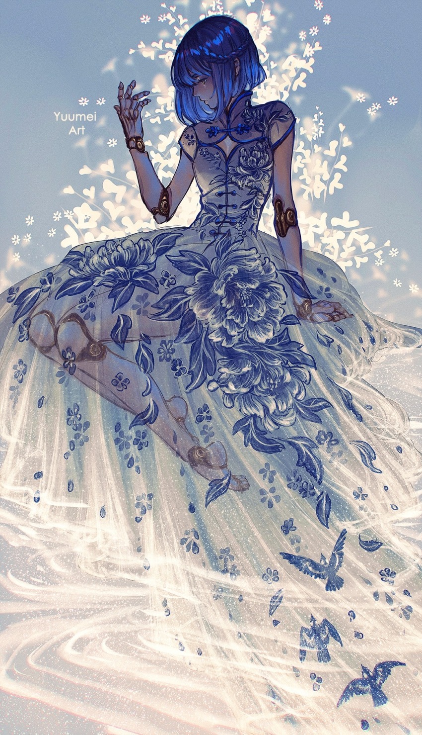 1girl, android, arm_support, artist_name, bare_arms, barefoot, bird, blue_background