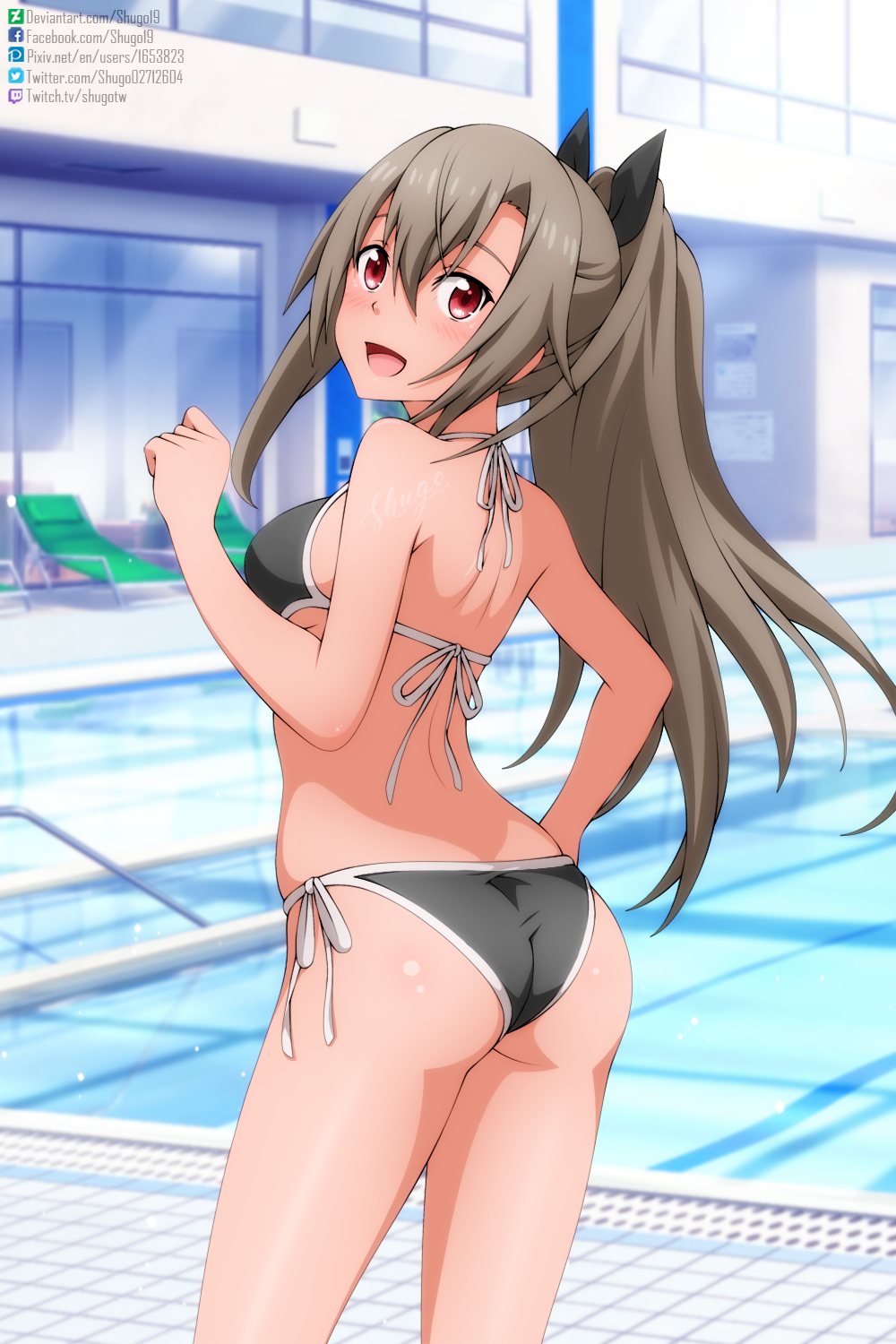 1girl, :d, ass, bare_arms, bare_shoulders, bikini, black_bikini, black_bow