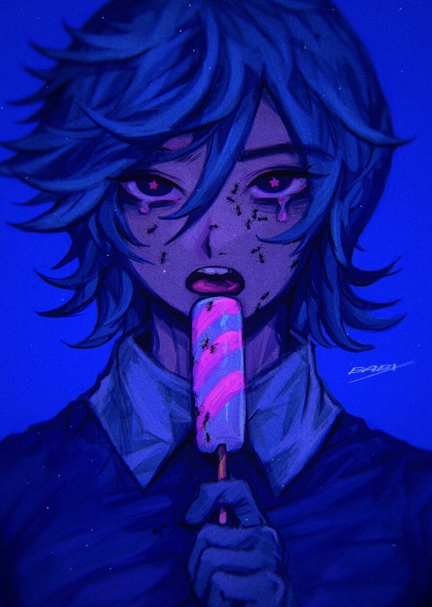 1boy, ant, babibu_baby, bags_under_eyes, black_eyes, blue_gloves, blue_hair, blue_shirt