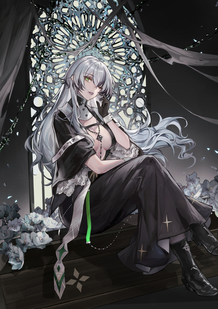 1girl, absurdres, adjusting_hair, ankle_boots, aqua_flower, black_boots, black_dress, black_gloves