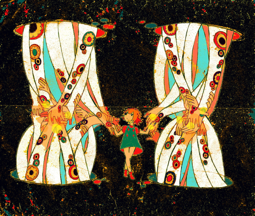 1girl, abstract, bad_id, bad_pixiv_id, bob_cut, child, chinamo, darkness, dress, expressionless, faux_traditional_media, female_focus, flower, highres, holding_hands, limbs, looking_up, multicolored_hair, original, psychedelic, short_hair, socks, solo, surreal, two-tone_hair, walking