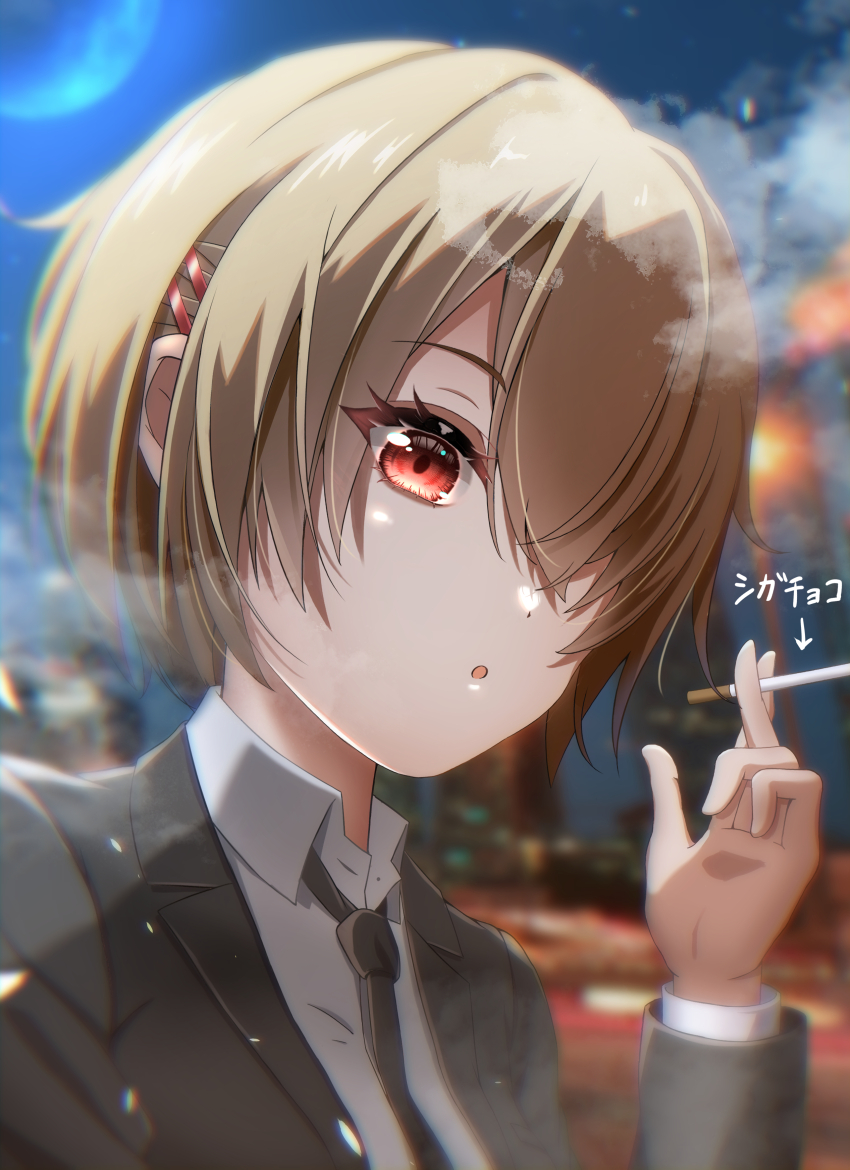1girl, :o, absurdres, alternate_costume, asaba_touka, black_necktie, black_suit, blonde_hair