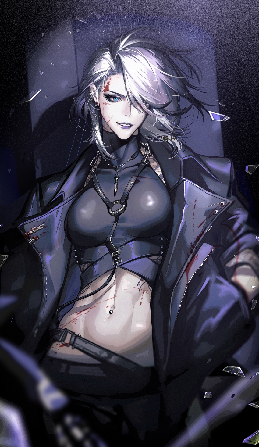 1girl, absurdres, against_pillar, artist_name, belt, black_eyeshadow, black_jacket, black_pants, blood, blood_in_hair, blood_on_body, blood_on_clothes, blood_on_face, blue_eyes, breasts, broken_glass, chinese_commentary, commentary, covered_collarbone, cowboy_shot, crop_top, ear_piercing, eyeliner, eyeshadow, fang, glass, grey_hair, hair_over_one_eye, hand_in_pocket, highres, jacket, kong_tiao_bo_zi, makeup, medium_breasts, medium_hair, navel, navel_piercing, one_eye_covered, open_clothes, open_jacket, pants, path_to_nowhere, piercing, purple_lips, shirt, shoulder_tattoo, sleeveless, sleeveless_shirt, smile, solo, spotlight, stomach, studded_belt, sword_necklace, tattoo, toned, toned_female, turtleneck, underbust, upswept_hair, watermark, zoya_(path_to_nowhere)
