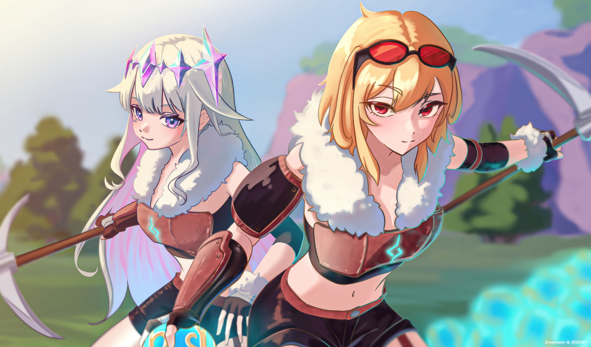 2girls, alternate_costume, blonde_hair, crop_top, dreamoon-q, highres, hololive, hololive_english