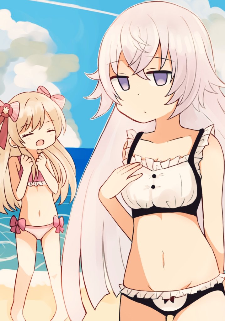 2girls, bad_id, bad_twitter_id, beach, bikini, blonde_hair, chaos_marie_(grimms_notes), closed_eyes