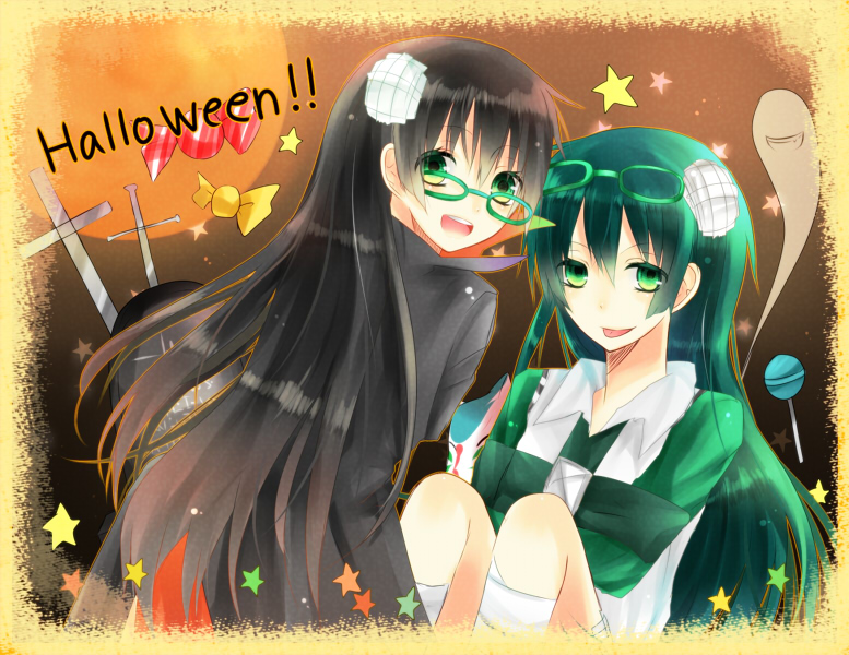 2girls, :d, bad_id, bad_pixiv_id, black_hair, candy, cross, food