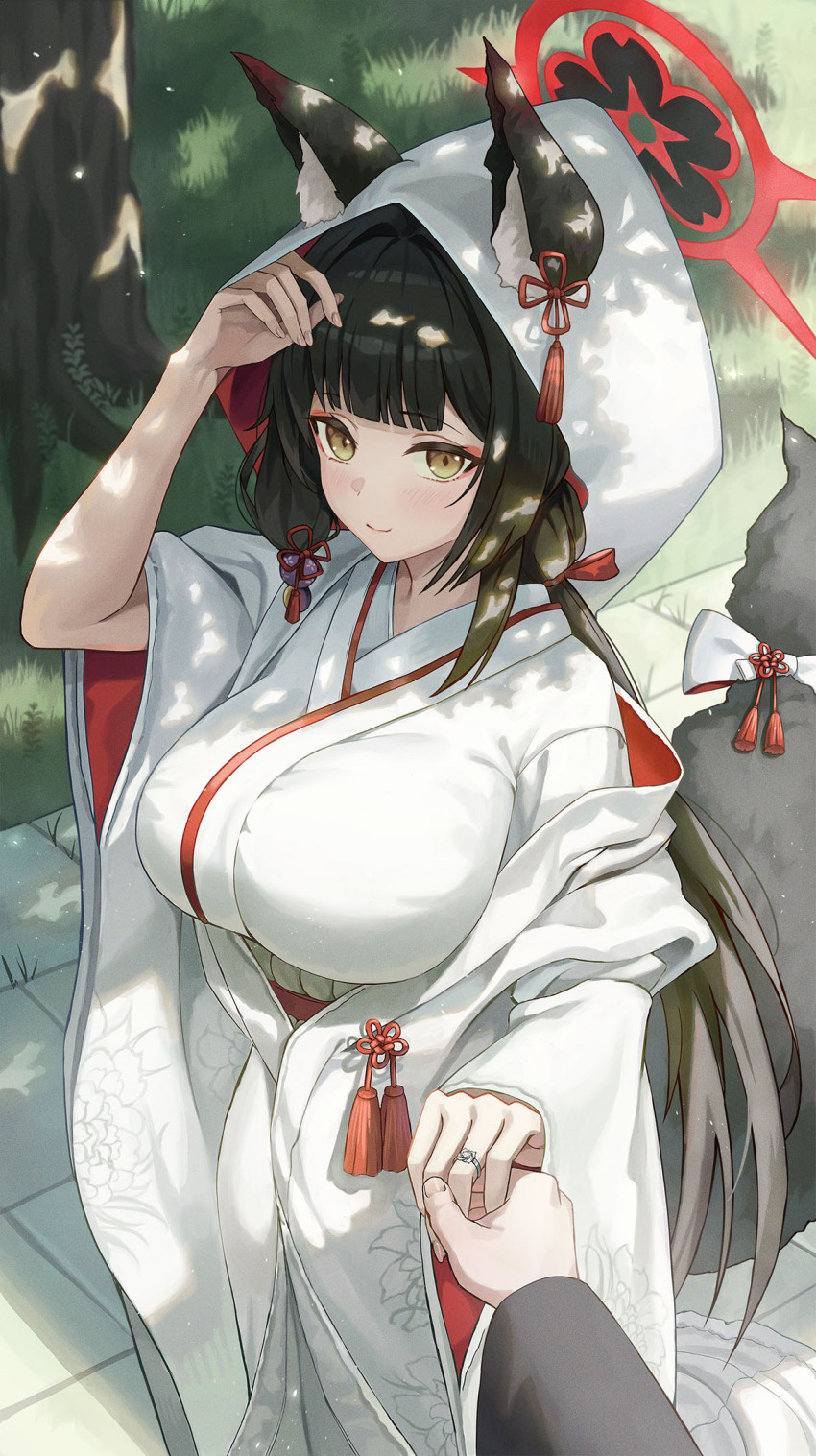 1girl, 1other, alternate_costume, animal_ears, black_hair, blue_archive, breasts, bride, commentary_request, fox_ears, halo, highres, holding, hood, hooded_kimono, japanese_clothes, jewelry, kimono, large_breasts, long_hair, looking_at_viewer, ring, slime_nyang, smile, solo, uchikake, wakamo_(blue_archive), wedding, wedding_ring, white_hood, white_kimono, yellow_eyes