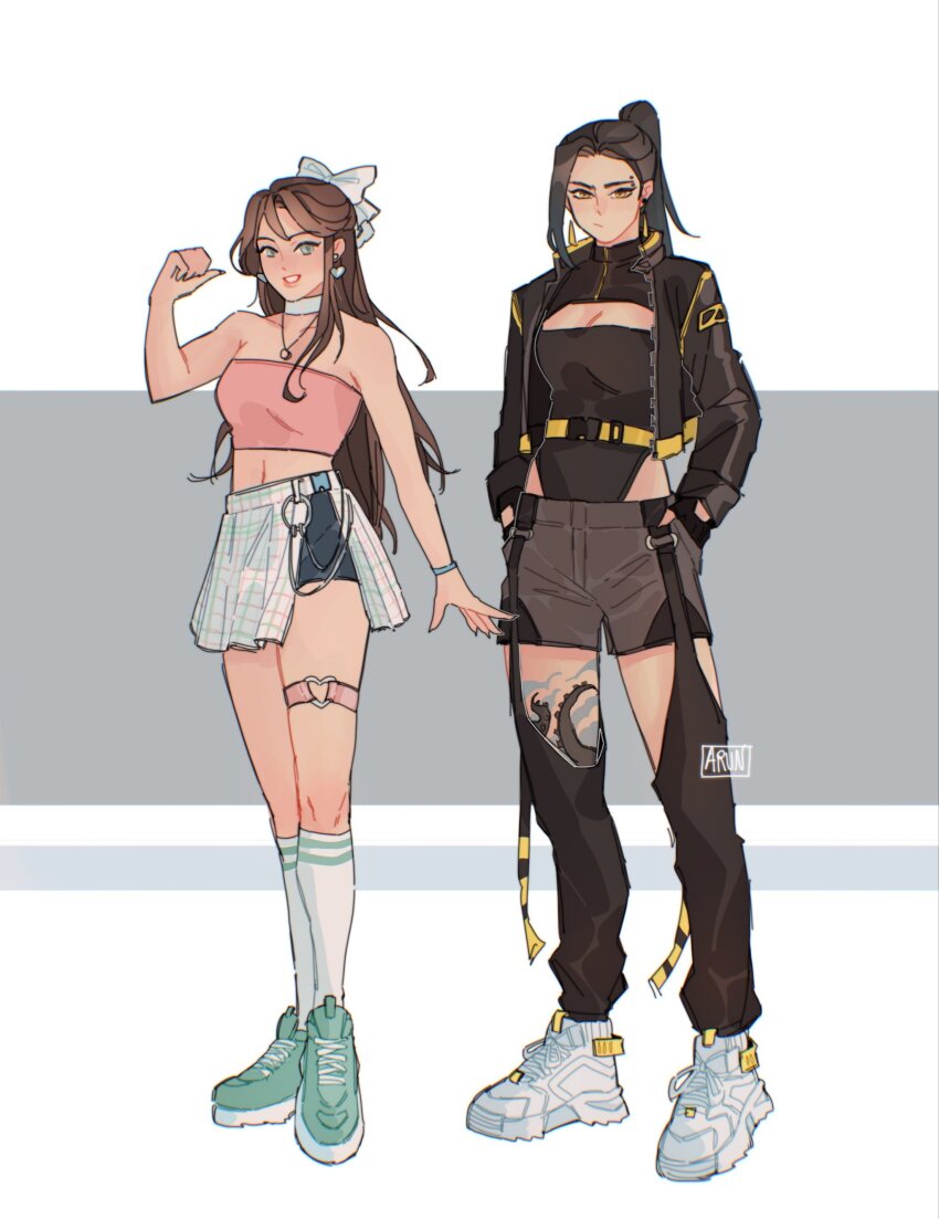 2girls, :/, :d, absurdres, artist_name, bangle, bare_shoulders, bbybluemochi, belt, biker_clothes, black_garter_straps, black_hair, black_leotard, black_shorts, bracelet, breasts, brown_hair, casual, chain, choker, chromatic_aberration, cleavage, cleavage_cutout, clothing_cutout, commentary, contemporary, earrings, english_commentary, eyebrow_piercing, face_piercing, fingerless_gloves, flexible, full_body, garter_straps, genderswap, genderswap_(mtf), gloves, green_eyes, green_footwear, grey_background, hair_ribbon, hands_in_pockets, heart, heart_earrings, heart_o-ring, high_ponytail, highres, hip_vent, jacket, jewelry, kneehighs, large_breasts, leather, leather_jacket, leg_tattoo, leotard, long_hair, looking_at_viewer, midriff, ming_yi, multiple_girls, necklace, o-ring, open_mouth, parted_lips, piercing, plaid_clothes, plaid_skirt, pleated_skirt, pointing, pointing_at_self, pointing_with_thumb, ponytail, ribbon, shoes, short_shorts, shorts, signature, simple_background, skirt, smile, sneakers, socks, standing, stirrup_legwear, strapless, striped_background, tattoo, teeth, tianguan_cifu, toeless_legwear, tube_top, white_background, white_choker, white_footwear, xie_lian, yellow_eyes