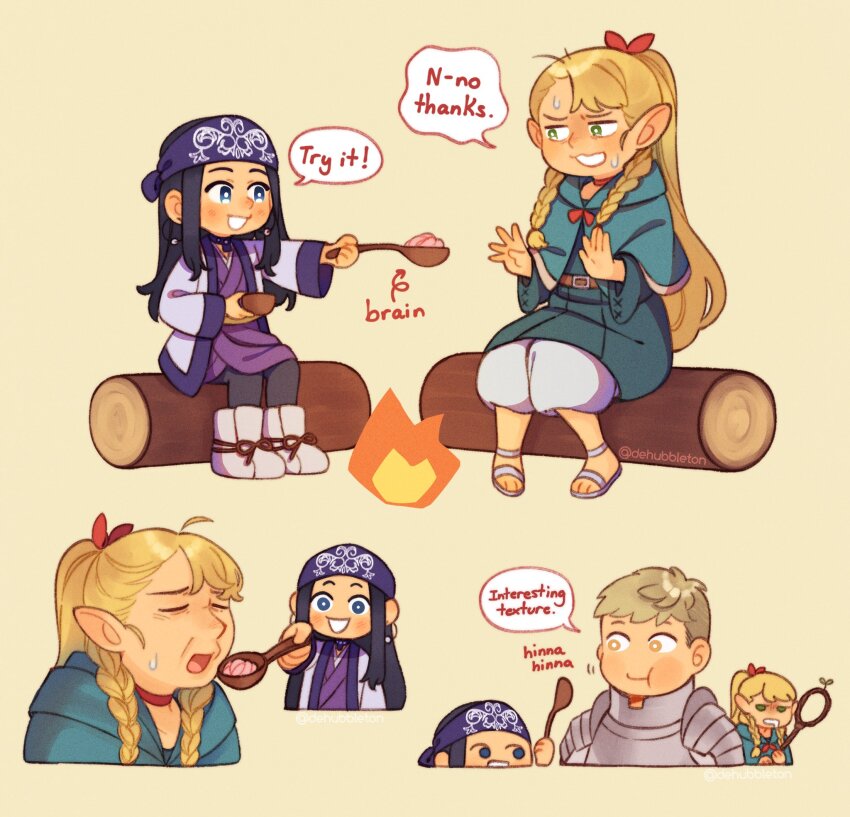 1boy, 2girls, :d, :t, ainu, ainu_clothes, armor, arrow_(symbol), asirpa, asymmetrical_bangs, bandana, belt, black_hair, blonde_hair, blue_capelet, blue_eyes, blue_robe, boots, bowl, braid, brain, campfire, capelet, chewing, choker, closed_eyes, commentary, cropped_torso, crossover, dehubbleton, drooling, dungeon_meshi, earrings, eating, elf, english_commentary, english_text, feeding, golden_kamuy, green_eyes, hands_up, happy, height_difference, highres, holding, holding_bowl, holding_spoon, hood, hood_down, hooded_capelet, hoop_earrings, jacket, jewelry, laios_touden, log, long_hair, long_sleeves, looking_at_another, marcille_donato, multiple_girls, multiple_views, nervous, official_alternate_hairstyle, open_mouth, pants, pantyhose, parted_bangs, plate_armor, pointy_ears, ponytail, robe, sandals, sharing_food, short_hair, side_braid, simple_background, sitting, smile, spoon, twin_braids, very_long_hair, white_pants, yellow_background, yellow_eyes
