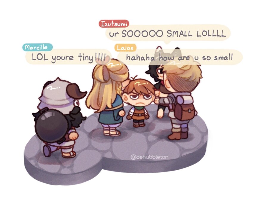 2girls, 3boys, animal_crossing, animal_ears, annoyed, armor, backpack, bag, barefoot, beard, belt_pouch, black_hair, blonde_hair, blue_capelet, blue_robe, body_fur, boots, braid, brown_footwear, brown_gloves, brown_hair, brown_skirt, capelet, cat_ears, cat_girl, chibi, chilchuck_tims, commentary, crop_top, dehubbleton, dungeon_meshi, dwarf, elf, english_commentary, english_text, facial_hair, facing_another, fake_horns, frown, gloves, green_scarf, half_updo, halfling, height_conscious, helmet, highres, horned_helmet, horns, izutsumi, laios_touden, leather_armor, long_beard, long_hair, long_sleeves, looking_at_another, marcille_donato, midriff, multiple_boys, multiple_girls, nintendo, one_eye_covered, pants, plate_armor, pointy_ears, ponytail, pouch, robe, sandals, scarf, senshi_(dungeon_meshi), shirt, shoe_soles, short_hair, side_braid, skirt, sleeveless, standing, surrounded, teasing, twitter_username, walking, white_background, white_pants, white_shirt, wok