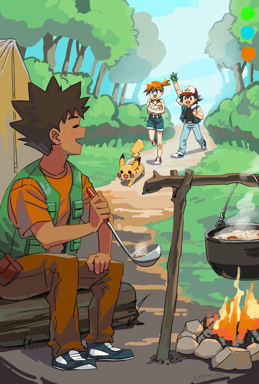 1girl, 2boys, ash_ketchum, back, bag, bare_arms, baseball_cap, black_hair