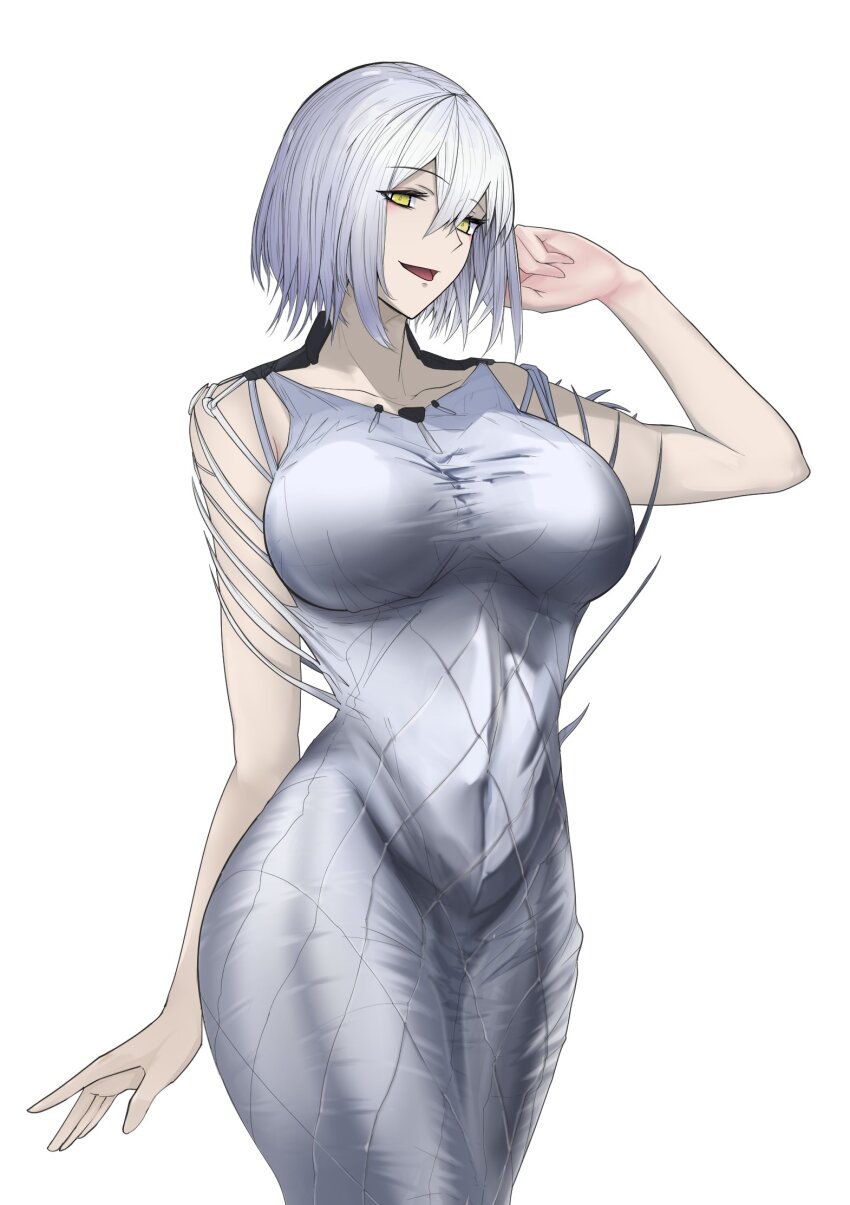 1girl, arm_up, bare_arms, breasts, collarbone, covered_navel, dress, eyebrows_hidden_by_hair