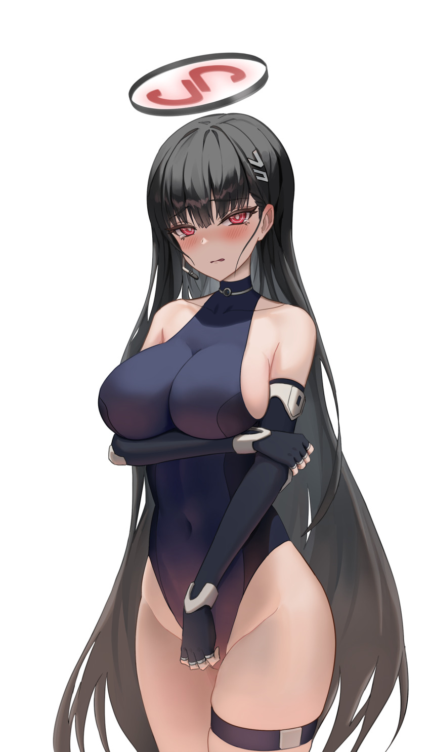 1girl, alternate_costume, bare_shoulders, black_hair, blue_archive, blue_leotard, blush, breasts
