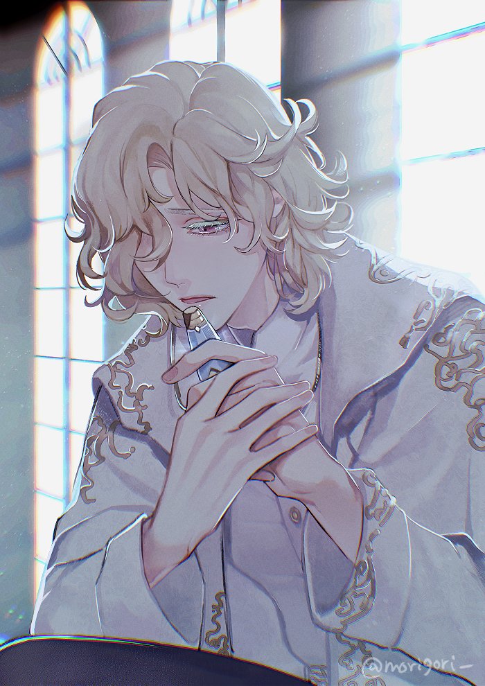 1boy, andrew_kreiss, black_pants, blonde_hair, blurry, blurry_background, colored_eyelashes, cowboy_shot