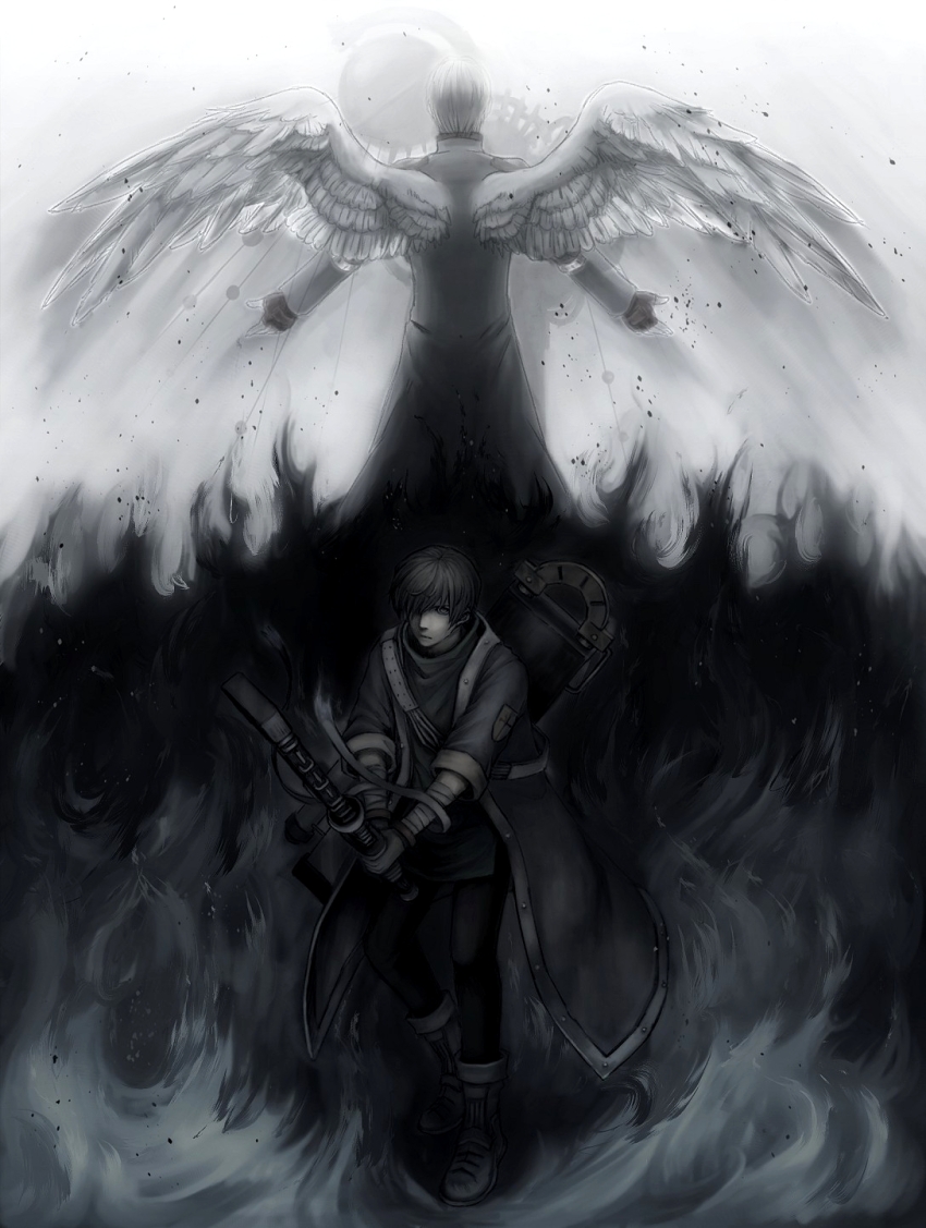 2boys, angel_wings, archangel_(baroque), baroque_(series), black_fire, boots, closed_mouth, fingerless_gloves