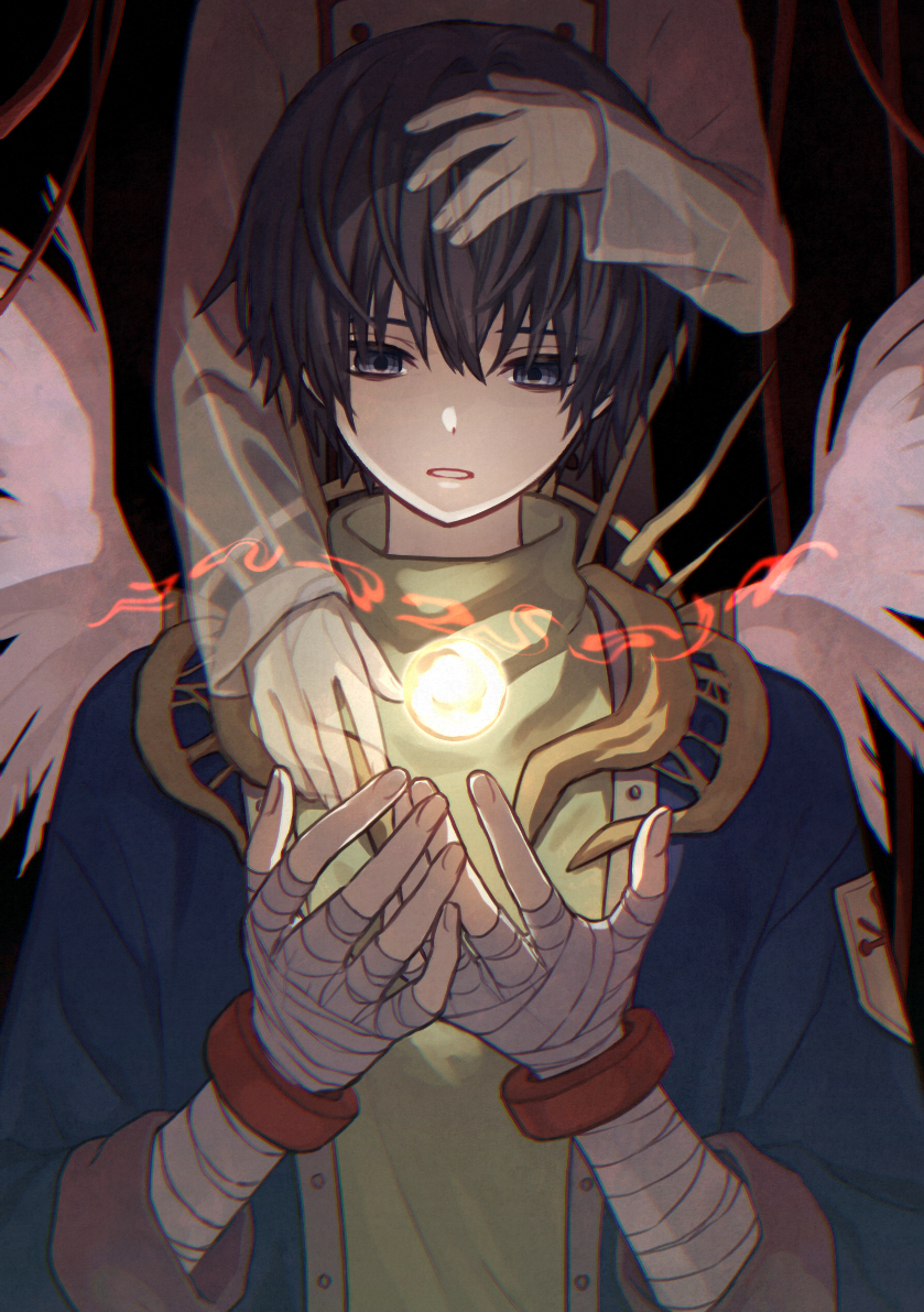2boys, archangel_(baroque), bandaged_hand, bandages, baroque_(series), bishounen, black_hair, blue_coat
