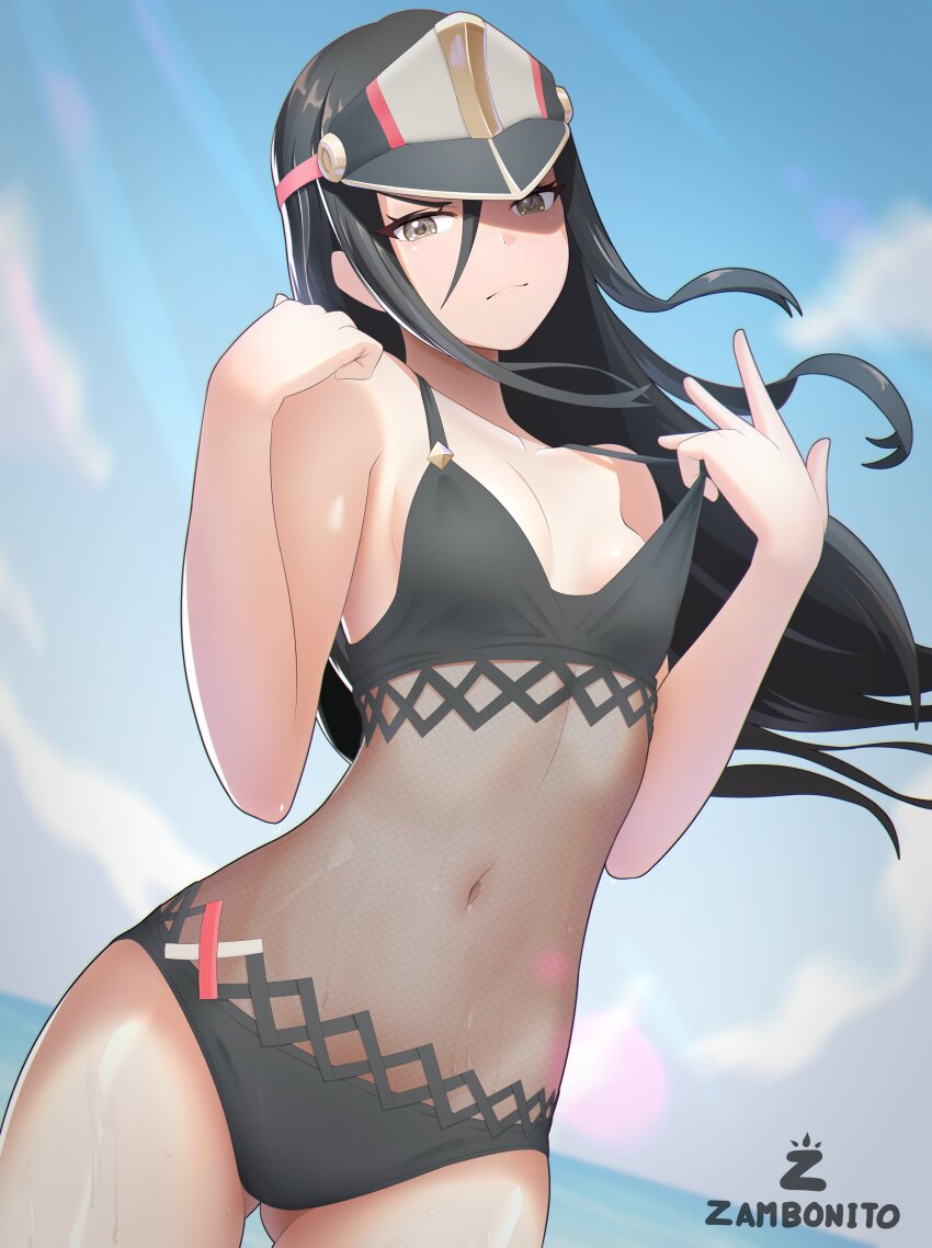1girl, absurdres, artist_name, bare_arms, bare_shoulders, bikini, black_bikini, black_hair