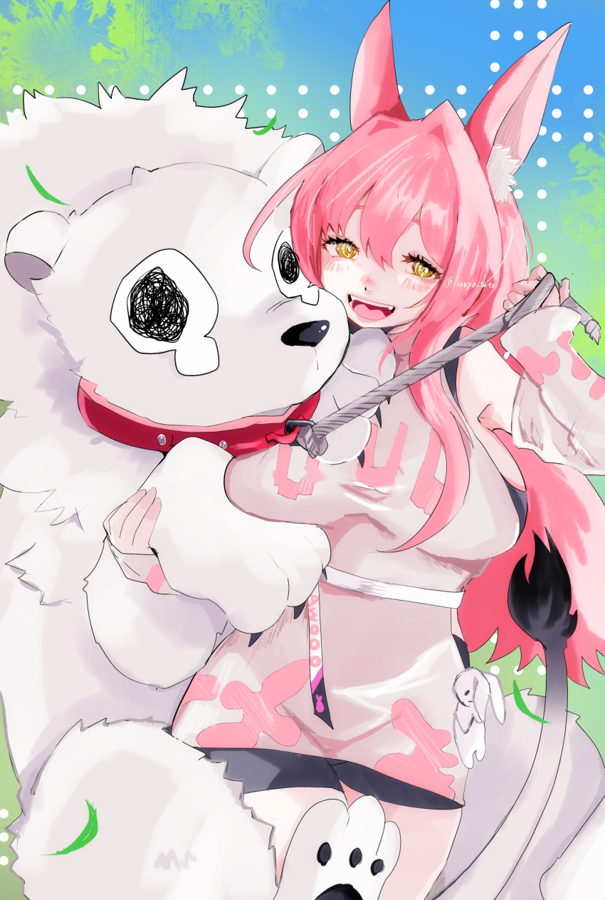 1girl, :d, animal, animal_ear_fluff, animal_ears, bare_shoulders, bike_shorts, black_shorts