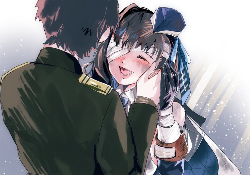 1boy, 1girl, :d, bandage_over_one_eye, bandaged_head, bandages, black_gloves, blue_headwear, blue_necktie, blue_ribbon, blush, brown_hair, brown_pantyhose, closed_eyes, collared_shirt, commander_(nikke), detached_sleeves, garrison_cap, gloves, goddess_of_victory:_nikke, hat, inkyo_sato, long_hair, marian_(nikke), necktie, open_mouth, pantyhose, ribbon, shirt, smile, twitter_username, white_shirt