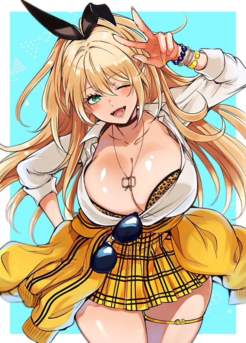 1girl, :d, animal_print, blonde_hair, blush, bra, bra_peek, bracelet, breasts, checkered_clothes, checkered_skirt, choker, cleavage, clothes_around_waist, dimjh, eyewear_hang, goddess_of_victory:_nikke, green_eyes, hair_between_eyes, highres, huge_breasts, jacket, jacket_around_waist, jewelry, leopard_print, long_hair, looking_at_viewer, one_eye_closed, open_mouth, ponytail, rupee_(nikke), scrunchie, shirt, skirt, smile, solo, sunglasses, thighlet, unbuttoned, unbuttoned_shirt, underwear, unworn_eyewear, w, white_shirt, wrist_scrunchie, yellow_jacket, yellow_skirt