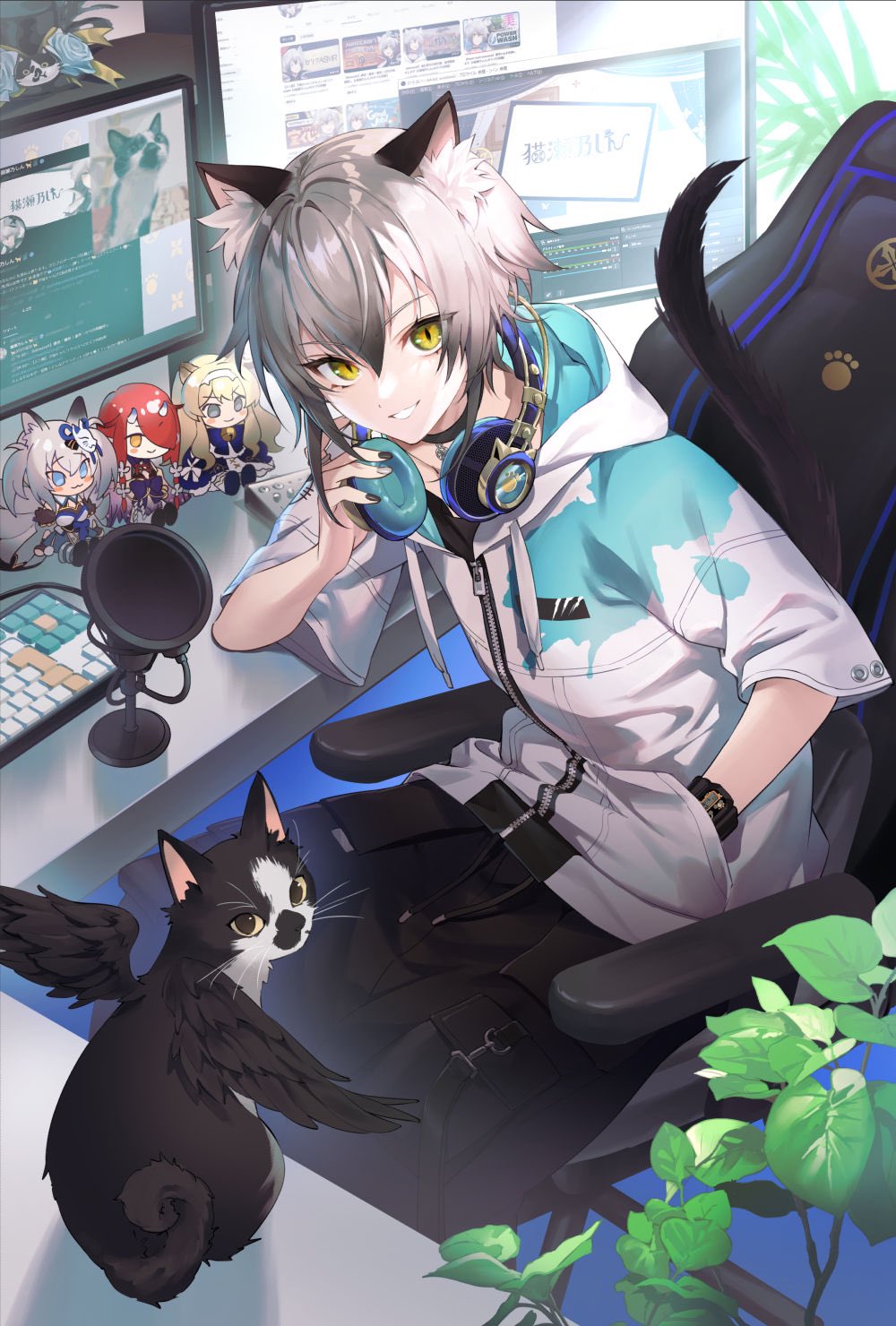 1girl, animal_ears, baggy_pants, black_cat, black_nails, black_pants, cat, cat_ears, cat_girl, cat_tail, chair, character_doll, colored_tips, computer, computer_keyboard, cowboy_shot, doll, drawstring, gaming_chair, grey_hair, grin, hair_between_eyes, hand_in_pocket, hand_on_headwear, headphones, headphones_around_neck, highres, hood, hood_down, hooded_jacket, jacket, konatsu_hare, looking_at_viewer, microphone, monitor, multicolored_hair, multicolored_nails, multiple_monitors, nail_polish, nekozeno_shin, noripro, official_art, pants, paw_print, plant, pop_filter, short_hair, short_sleeves, sidelocks, sitting, slit_pupils, smile, solo, swivel_chair, table, tail, virtual_youtuber, white_jacket, white_nails, winged_animal, wristband, yellow_eyes, zipper_pull_tab