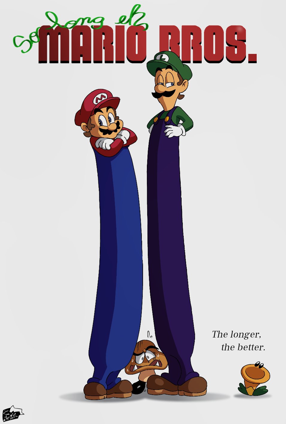 2boys, annoyed, blue_eyes, brothers, brown_hair, crossed_arms, facial_hair, flower, full_body, gloves, goomba, hand_on_own_hip, hat, highres, icam2k, luigi, male_focus, mario, mario_(series), multiple_boys, mustache, nintendo, open_mouth, overalls, siblings, smug, super_mario_bros._wonder, sweat, talking_flower_(mario), tall