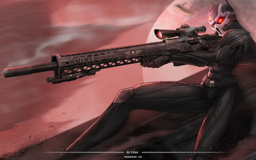 1girl, aquila_(symbol), artist_name, assassin, black_bodysuit, bodysuit, bullet, copyright_name, glowing, glowing_eyes, gun, highres, holding, holding_gun, holding_weapon, imperial_aquila, mask, officio_assassinorum, red_eyes, rifle, scope, shell_casing, skull, skull_mask, skull_ornament, sliding, sniper_rifle, vindicare_assassin, warhammer_40k, weapon, zhang_bozi