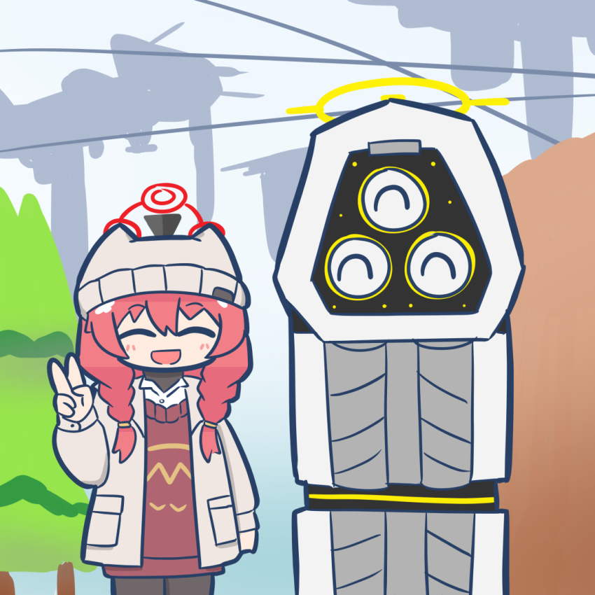 1girl, ^_^, aoirocombo, armored_core, armored_core_vi:_fires_of_rubicon, blue_archive, camping, closed_eyes