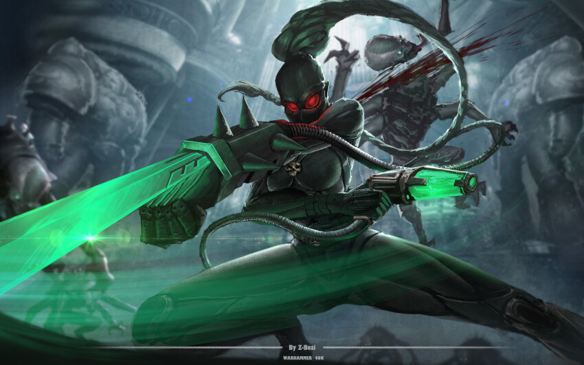 1girl, arm_blade, artist_name, assassin, black_bodysuit, blood, bodysuit, callidus_assassin, copyright_name, decapitation, glowing, glowing_eyes, glowing_sword, glowing_weapon, highres, holding, holding_weapon, long_hair, mask, officio_assassinorum, ponytail, red_eyes, skull_ornament, sword, tube, warhammer_40k, weapon, zhang_bozi