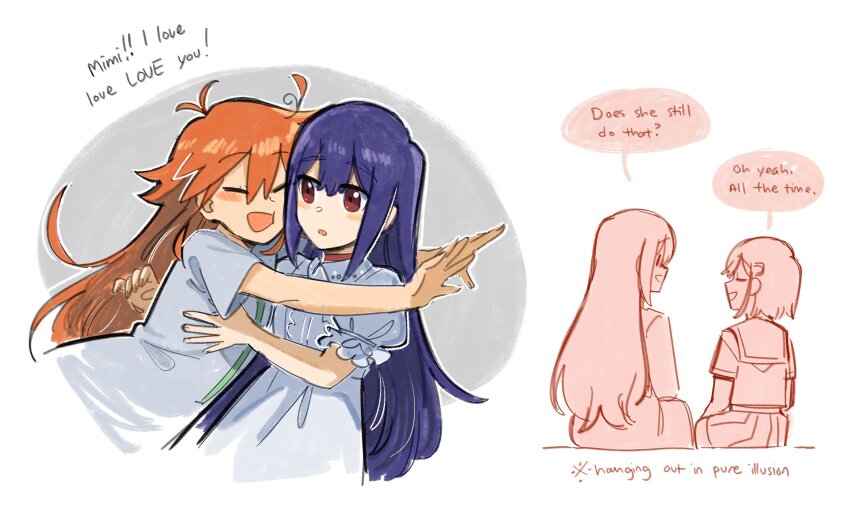 :d, ange_(angeban93), blue_eyes, cheek_press, closed_eyes, cropped_torso, english_text, flip_flappers