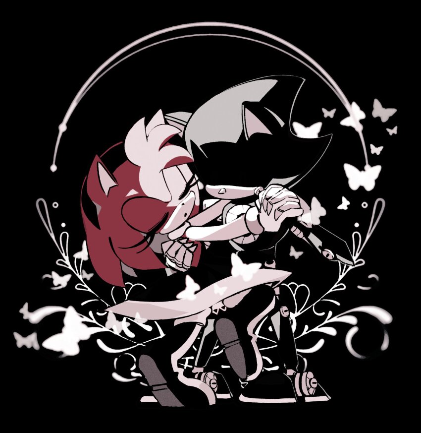 1boy, 1girl, amy_rose, animal_ears, animal_nose, black_background, boots, bug