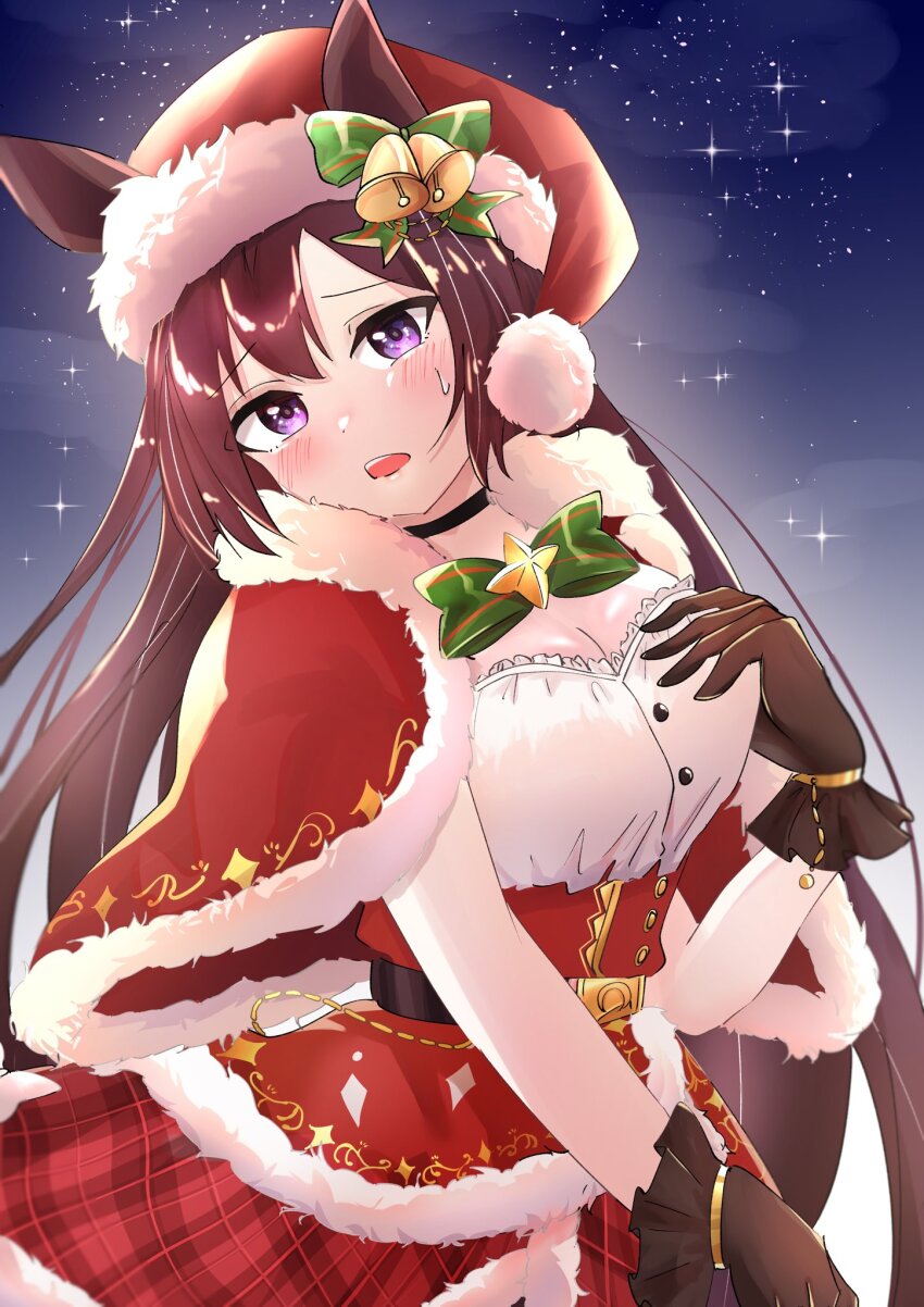 1girl, animal_ears, bell, black_choker, black_gloves, blush, breasts, brown_hair, capelet, choker, cleavage, dress, ear_ornament, ears_through_headwear, fur-trimmed_capelet, fur-trimmed_dress, fur-trimmed_headwear, fur_trim, gloves, hand_on_own_chest, hat, head_tilt, highres, horse_ears, horse_girl, long_hair, looking_at_viewer, medium_breasts, mejiro_dober_(holy_night_to_change)_(umamusume), mejiro_dober_(umamusume), official_alternate_costume, plaid_clothes, plaid_skirt, purple_eyes, red_dress, red_hat, red_skirt, santa_hat, skirt, solo, star_(sky), umamusume, upper_body, uru1_san